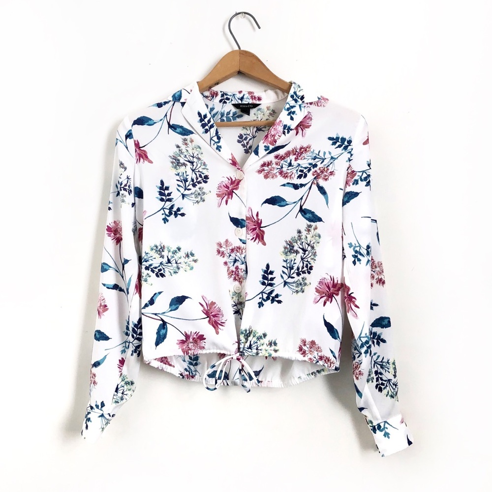 RW&CO Floral Button Up Long Sleeve Blouse Hem Tie